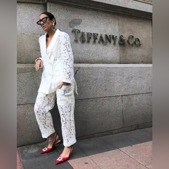 ZARA 2 PIECE WHITE LACE BLAZER AND PANTS SIZE M 🦋BLOGGERS FAVORITE🦋 - Picture 4 of 16